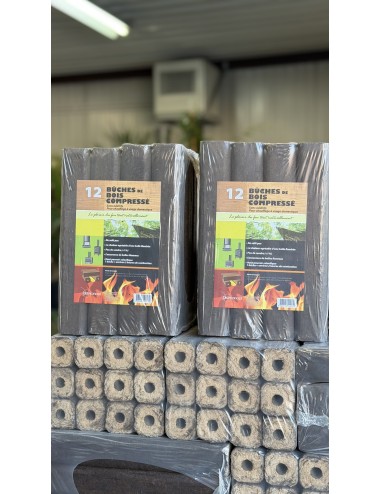 Pack de 12 bûches de bois compressées extrudées de type PINI & KAY +/- 10 kg en DRIVE IN uniquement