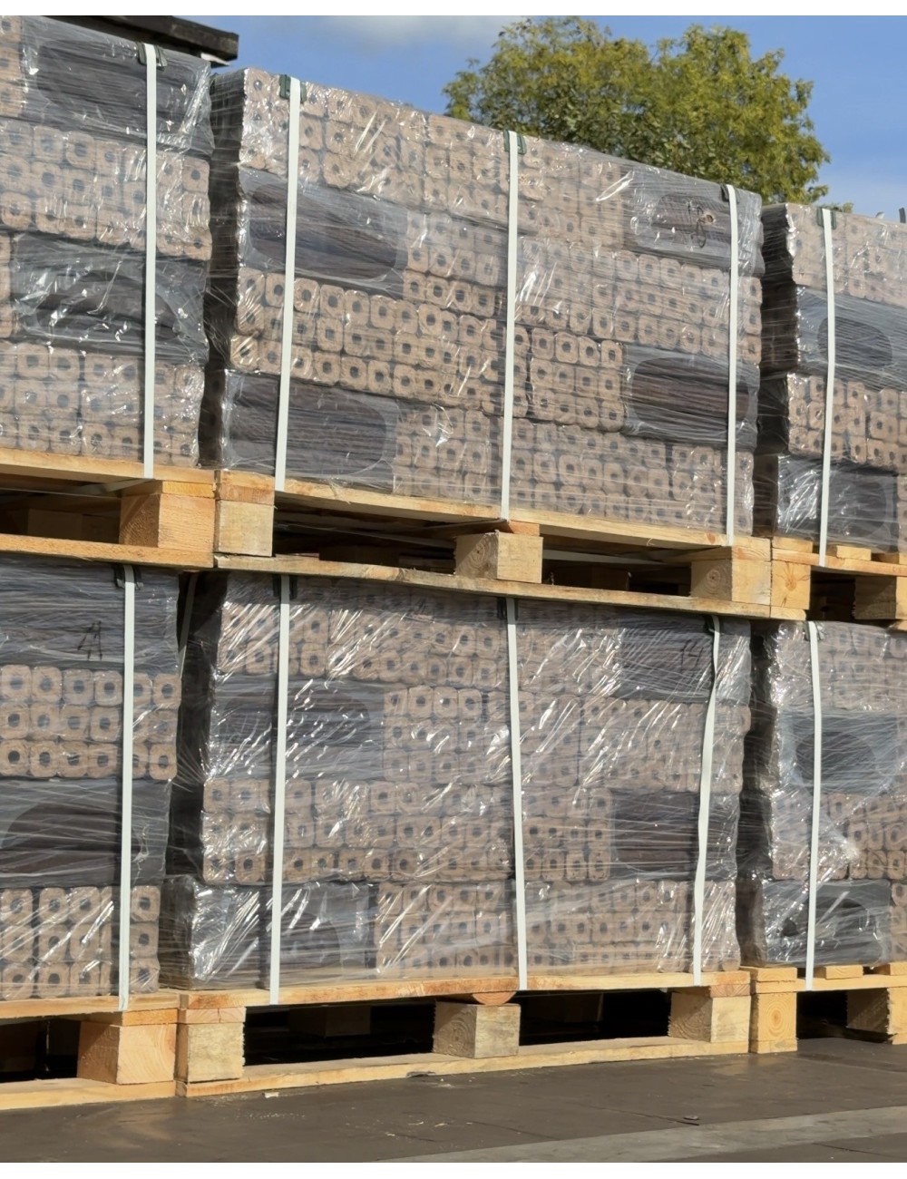 Palette de bûches de bois compressé extrudé de type pini kay(+/- 10 kg)- 5,95€/pc, 48 pcs de 12 bûches